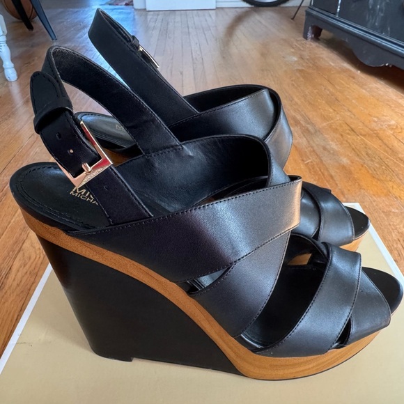Michael Kors Shoes - Michael Kors Black Leather Dana Wedges